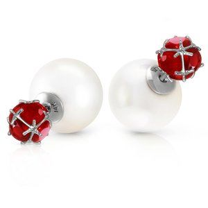 14K. SOLID GOLD TRIBAL DOUBLE SHELL PEARLS AND RUBIES STUD EARRINGS (White Gold)